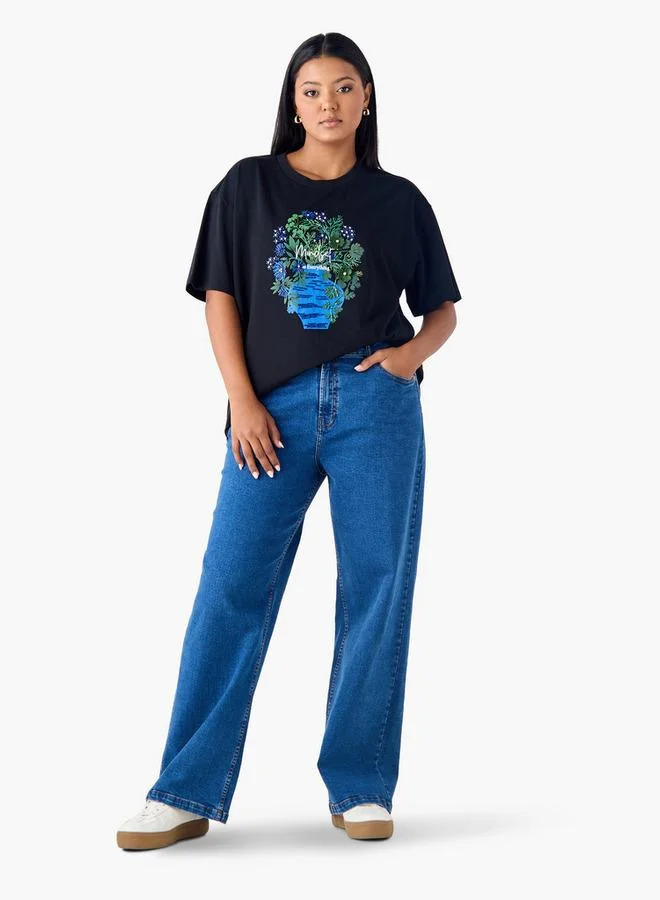 Ulla Popken Plus Size Ulla Popken Embellished Floral T-Shirt with Crew Neck